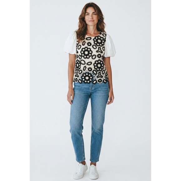 Cato Tops - Cato Collection Limited Edition Floral Crochet Puff Sleeve Top M Flaw see pic